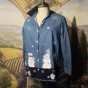 3x Denim Corduroy Embroidered Snowman Blouse